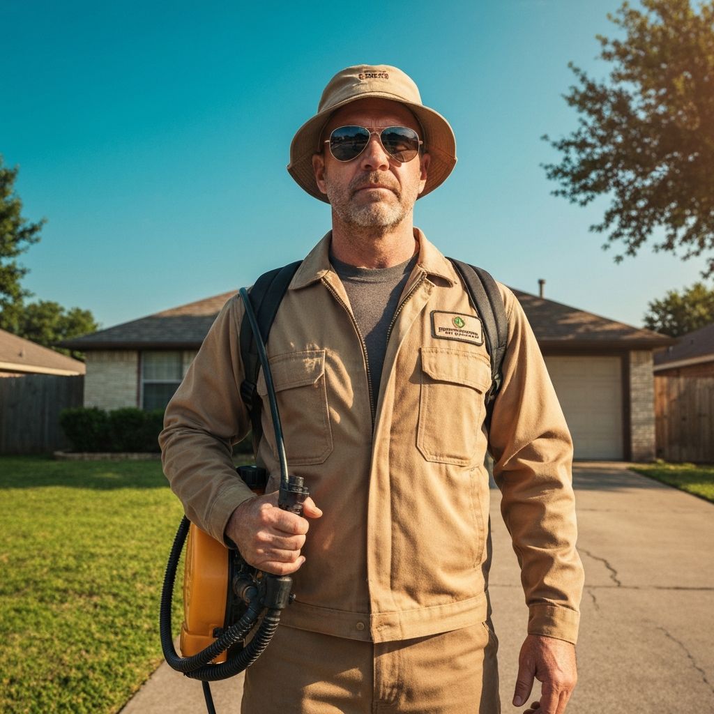 A rugged exterminator in sunglasses and a bucket hat, standing confidently in front of a suburban Texas house holding a pest control sprayer